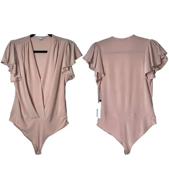 Haute Monde Ruffle Flutter Sleeve Mock Wrap Bodysuit Top Blush Pink Medium Sexy - Picture 6 of 16